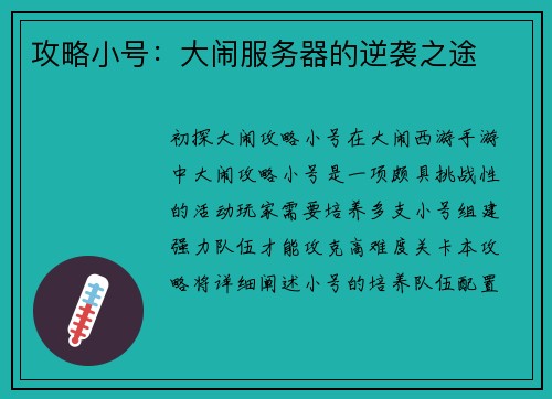 攻略小号：大闹服务器的逆袭之途
